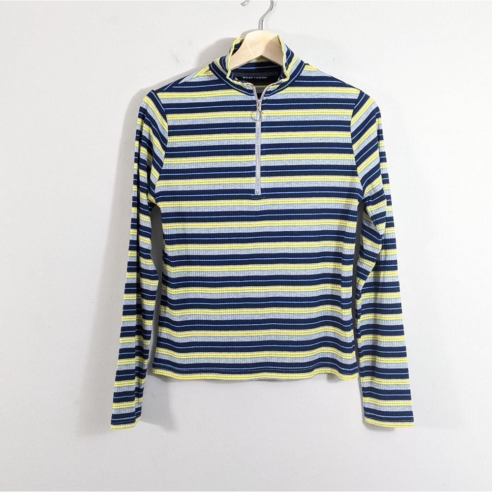 90s style striped long sleeved partial zipper top yellow blue grey size Medium